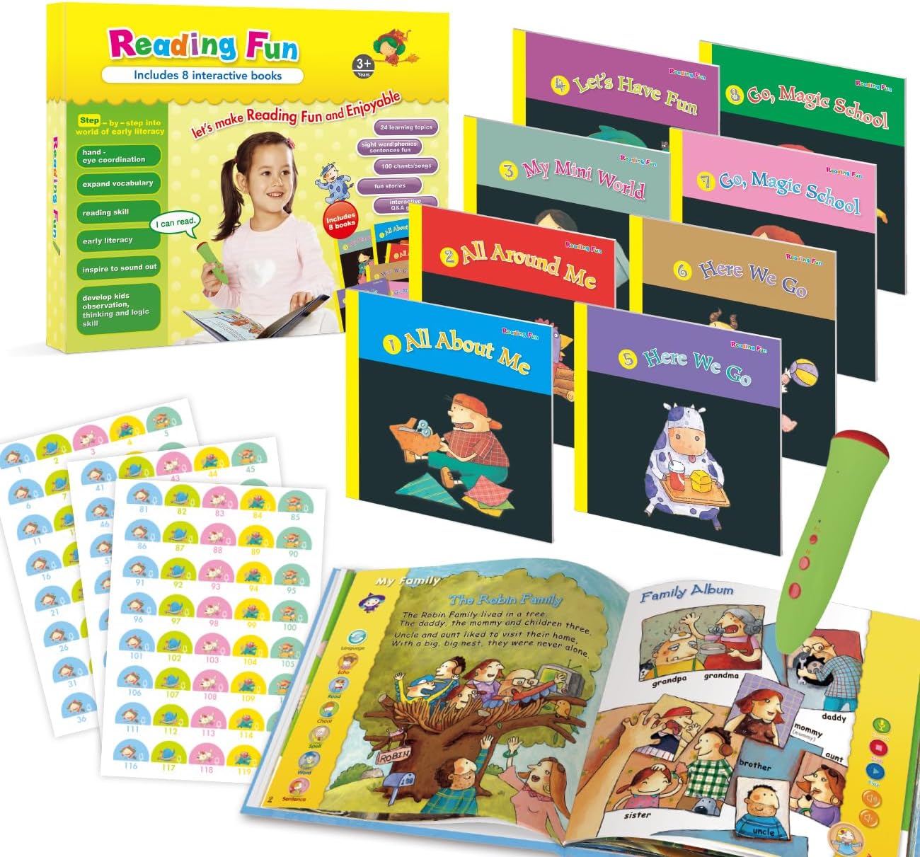Ophaya Learn to Read Set: 8 Bilingual Books with Over 33 Themes,  Interactive Pen Reader, Cognitive Skills Enhancement, Portable &  Rechargeable for 