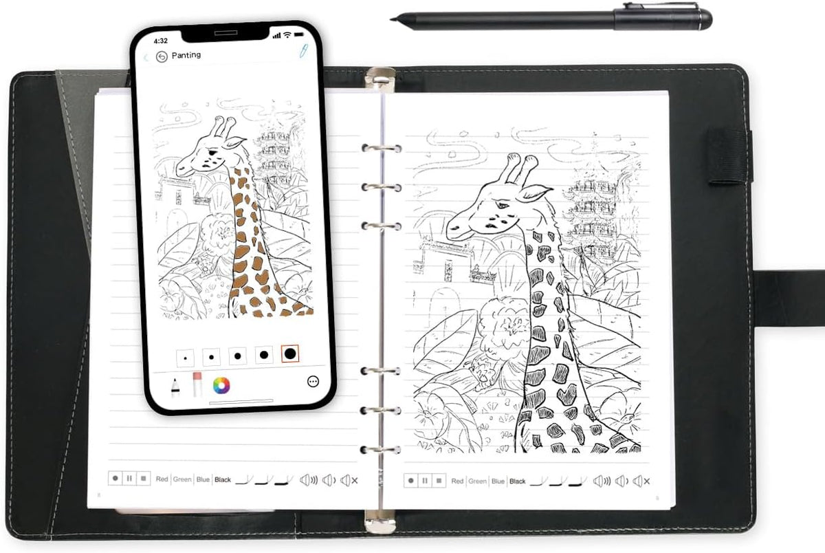 Ring-bound Ophaya dot-code notebook with a pen drawing of a giraffe, an Ophaya smart pen, and a phone showing the same giraffe drawing in the app