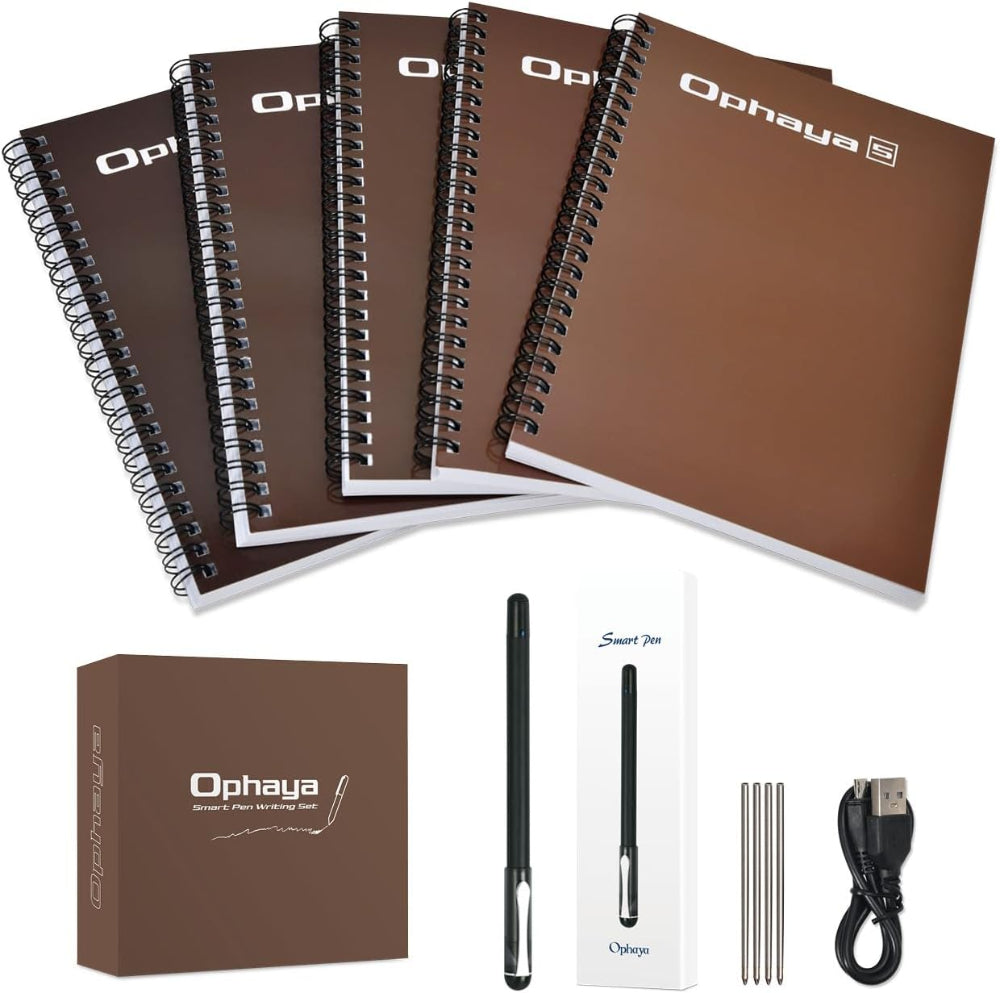 Ophaya smart pen with its box and five brown spiral dot-code notebooks laid out flat