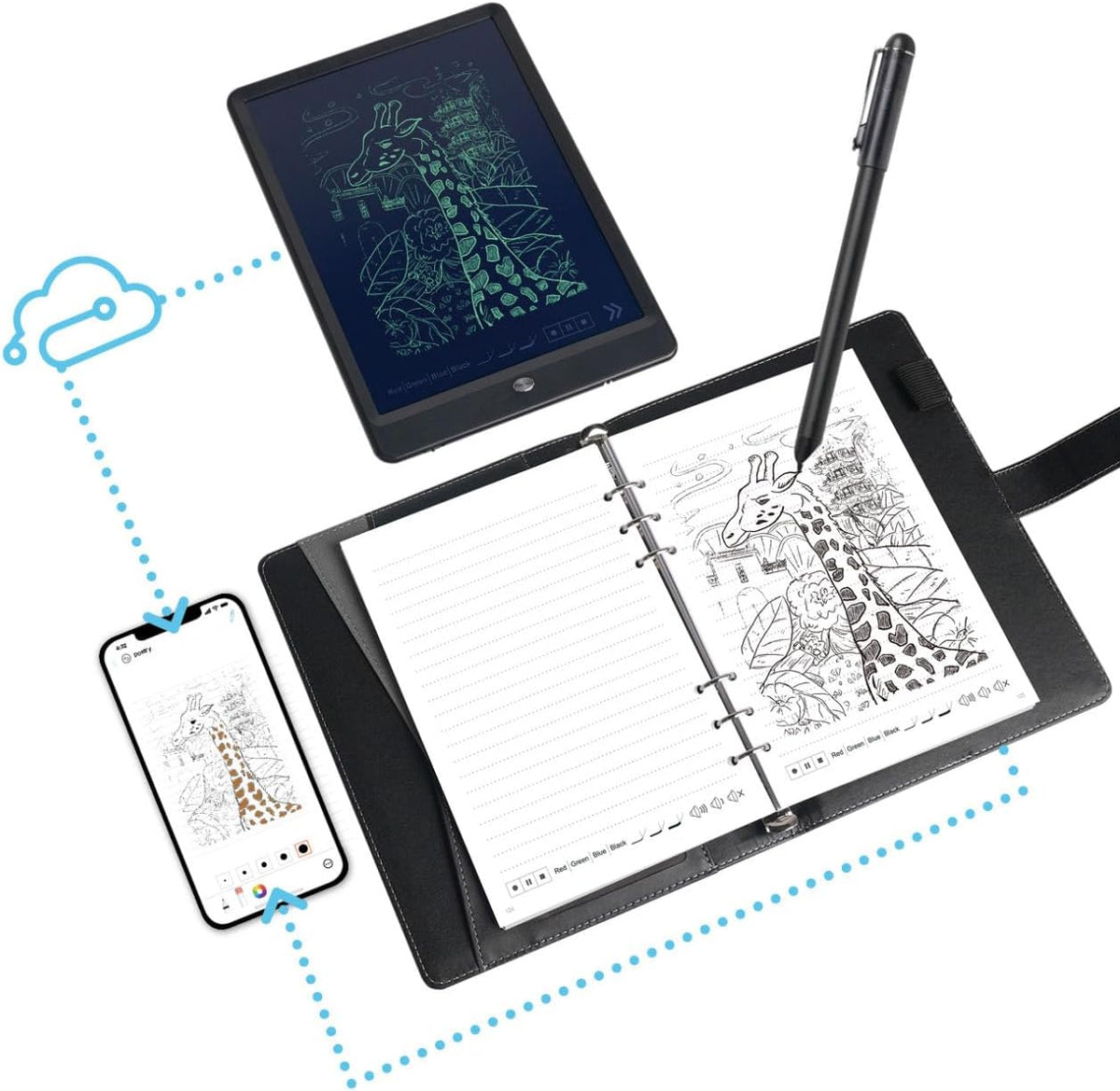 Ophaya smart pen with an LCD writing tablet, a ring-bound notebook and the phone app