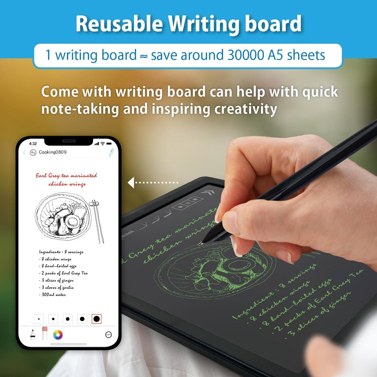 Ophaya reusable LCD writing board with a phone showing the synced sketch