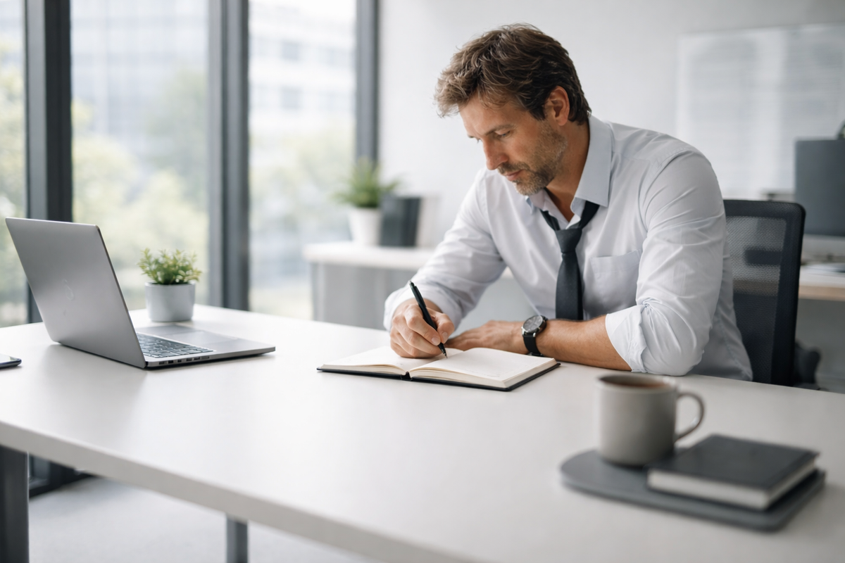Man in a white shirt writing in a notebook at a bright desk, with an open laptop and a coffee mug beside him