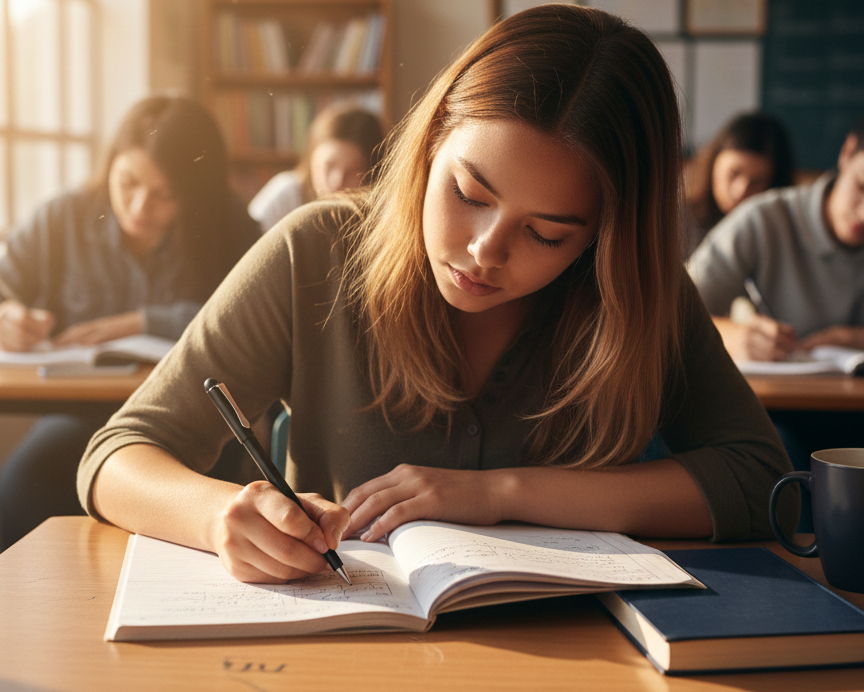 Student writing notes in a notebook at a classroom desk
