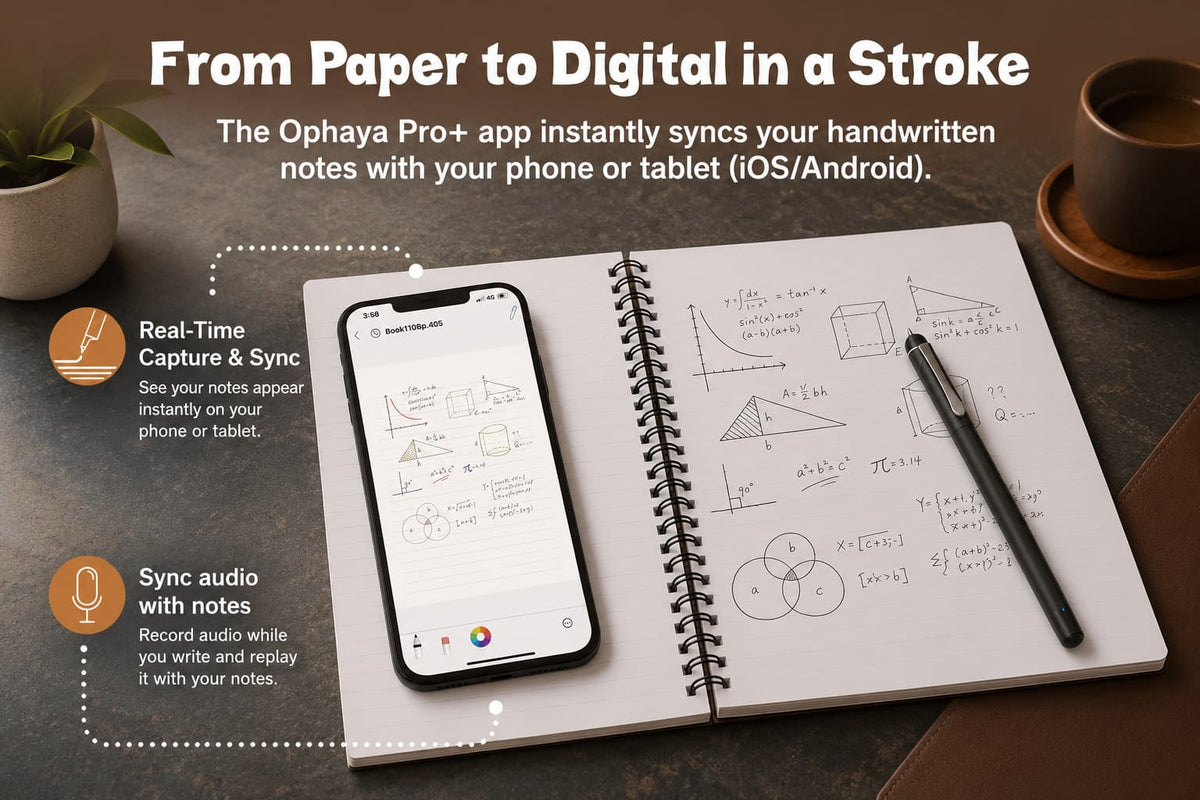 Ophaya infographic titled From Paper to Digital in a Stroke, showing a smart pen writing in a spiral dot-code notebook next to a phone displaying the synced page
