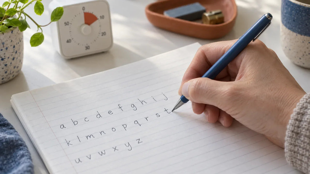 Adult practicing consistent letter shapes and spacing on lined paper.