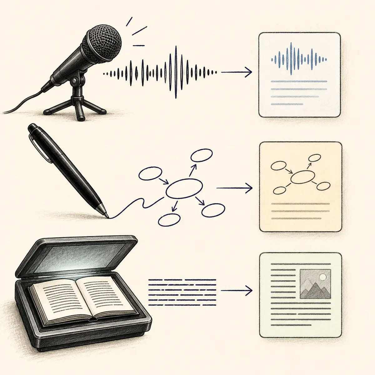 Three AI pen categories illustrated through speech, handwriting and printed-text capture.
