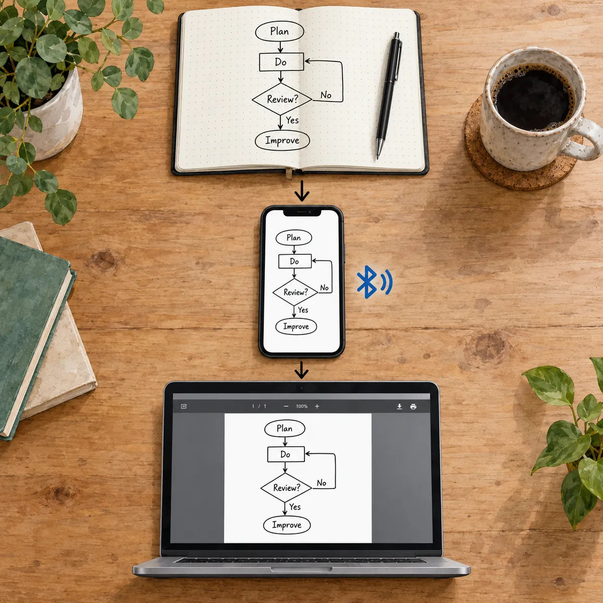 Concept workflow from handwritten notes to a phone and an exported document on a laptop.
