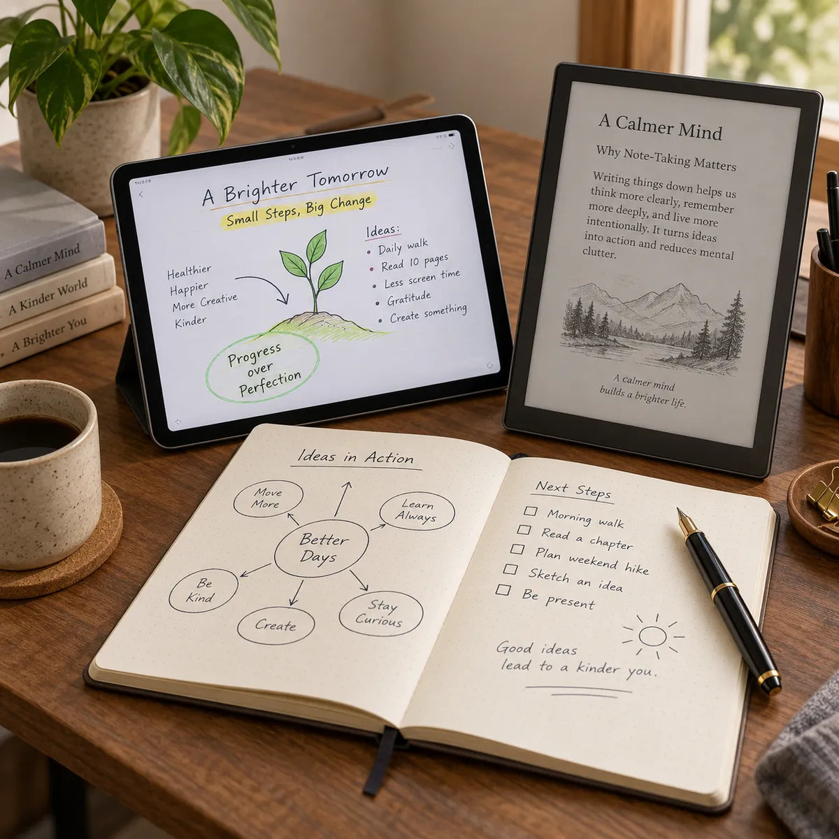 Color tablet, e-ink screen and paper notebook showing different note-taking surfaces.