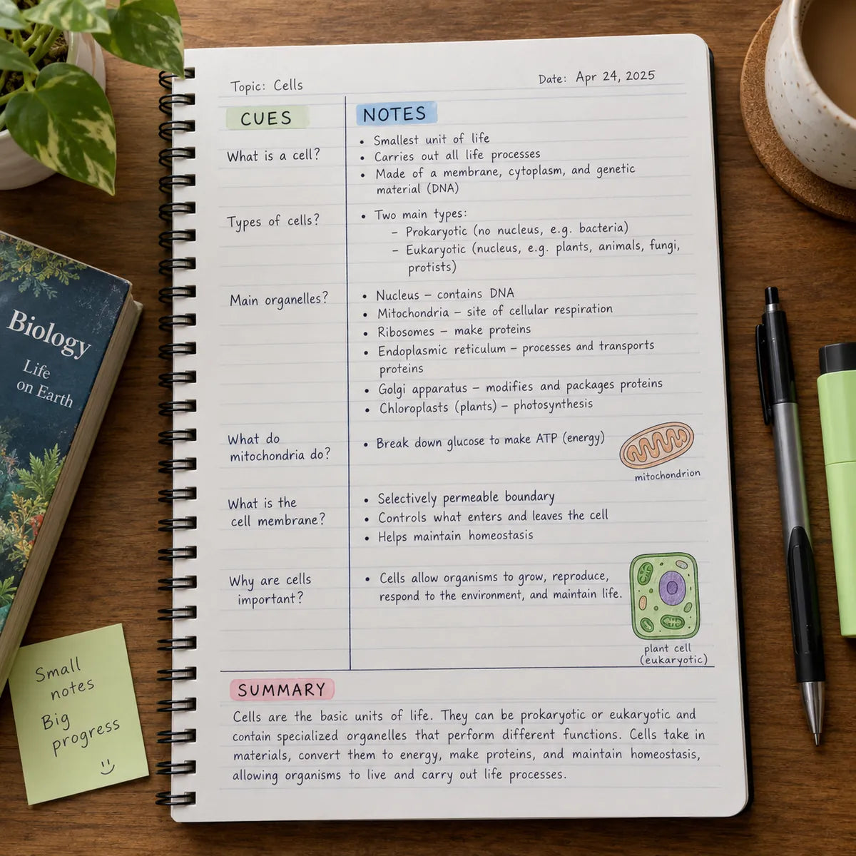 Cornell notes page divided into cues, notes and a summary section.