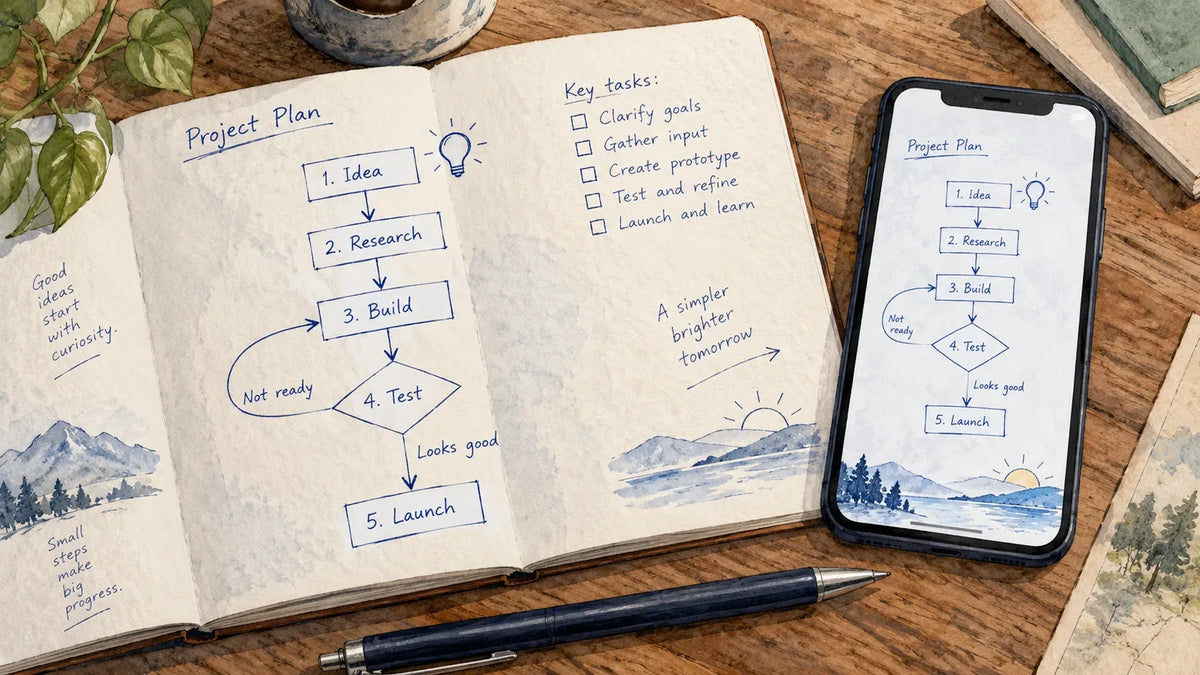 Paper notebook and phone showing matching handwritten project diagrams.