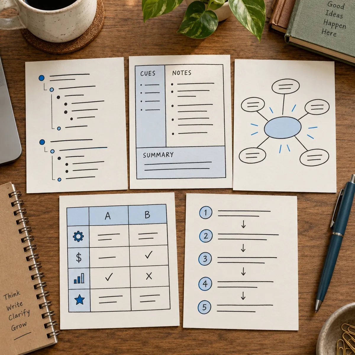 Five note-taking layouts: outline, Cornell, mind map, chart and sentence notes.