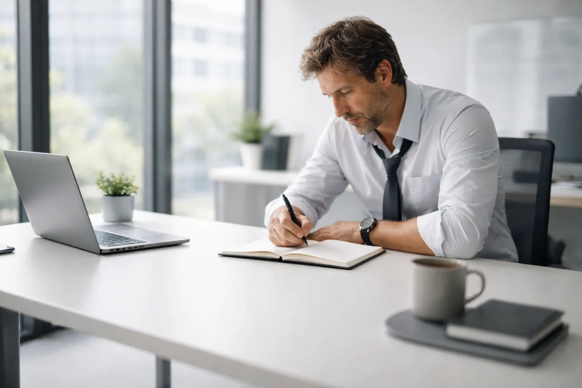 Man in a white shirt writing in a notebook at a bright desk, with an open laptop and a coffee mug beside him
