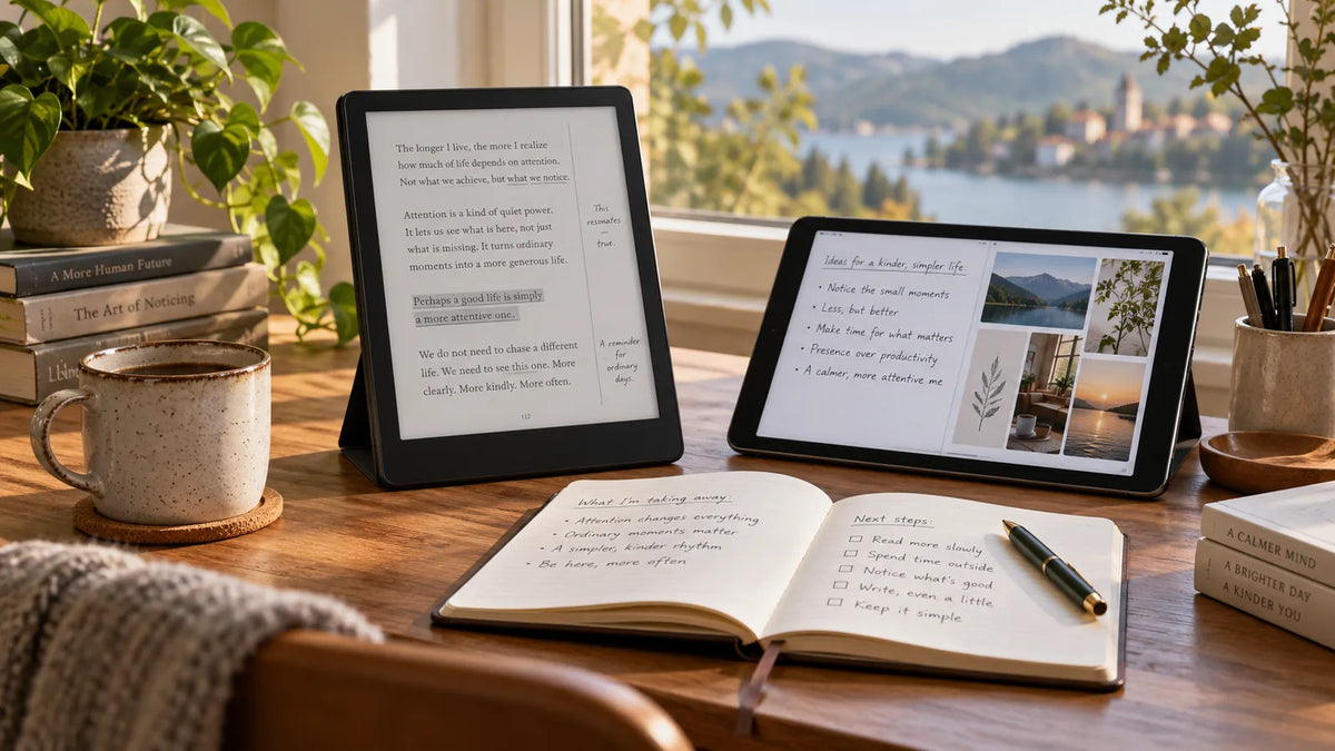 E-reader, paper notebook and tablet arranged for comparing reading and writing workflows.
