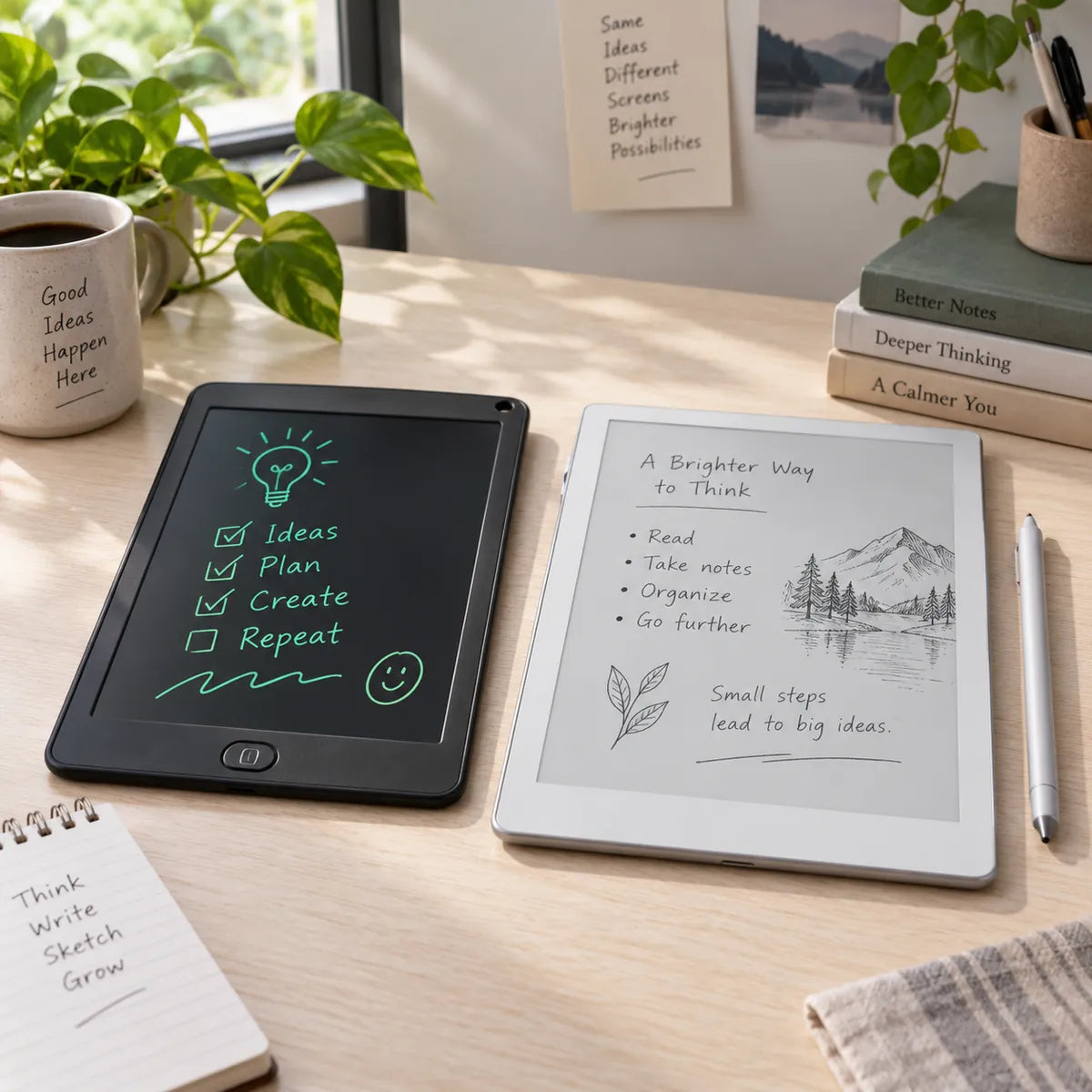 LCD writing slate with green strokes beside an e-ink tablet showing a grayscale document.