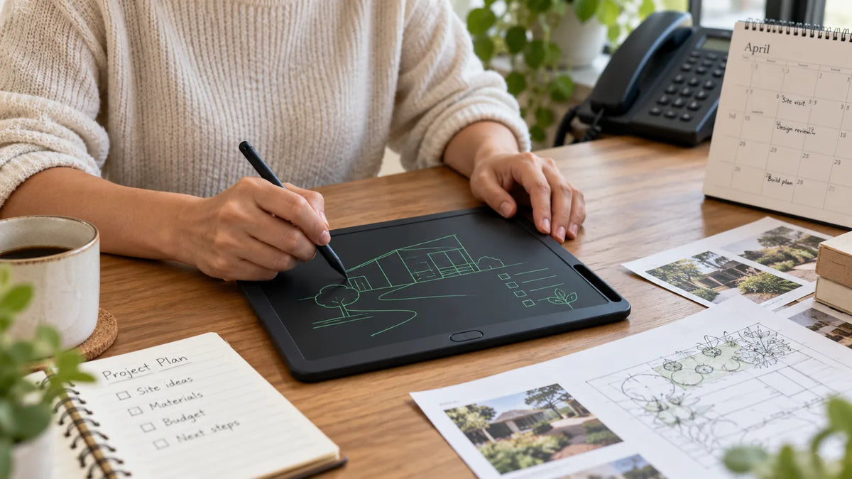 Adult using an LCD writing board for quick diagrams at a desk.