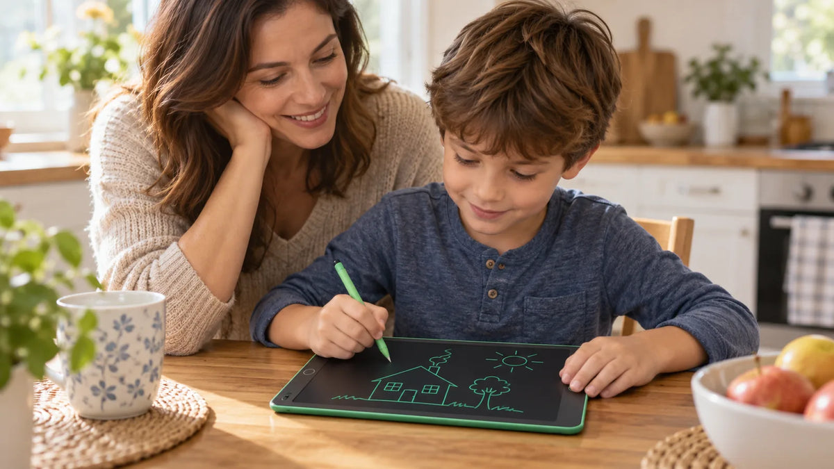 Parent supervising a child drawing on an LCD writing tablet.