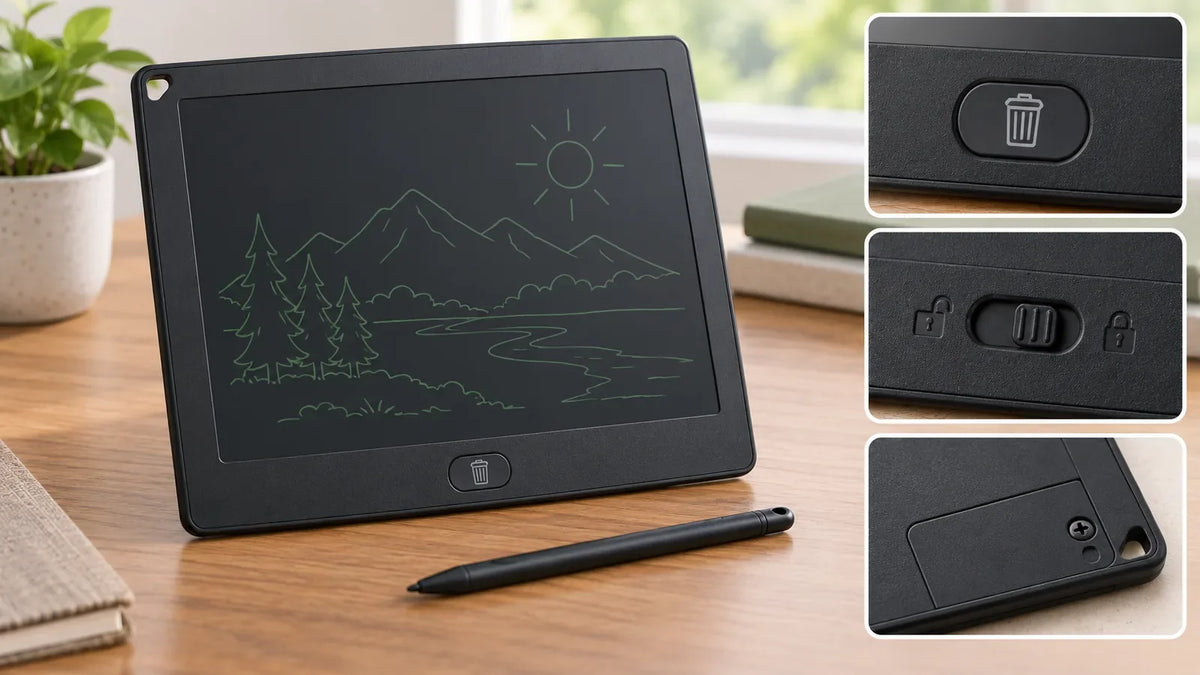 LCD writing tablet with details highlighting erase control, lock switch and battery compartment.