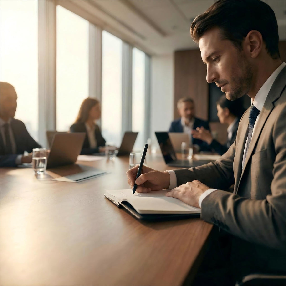 Man taking handwritten notes in a meeting
