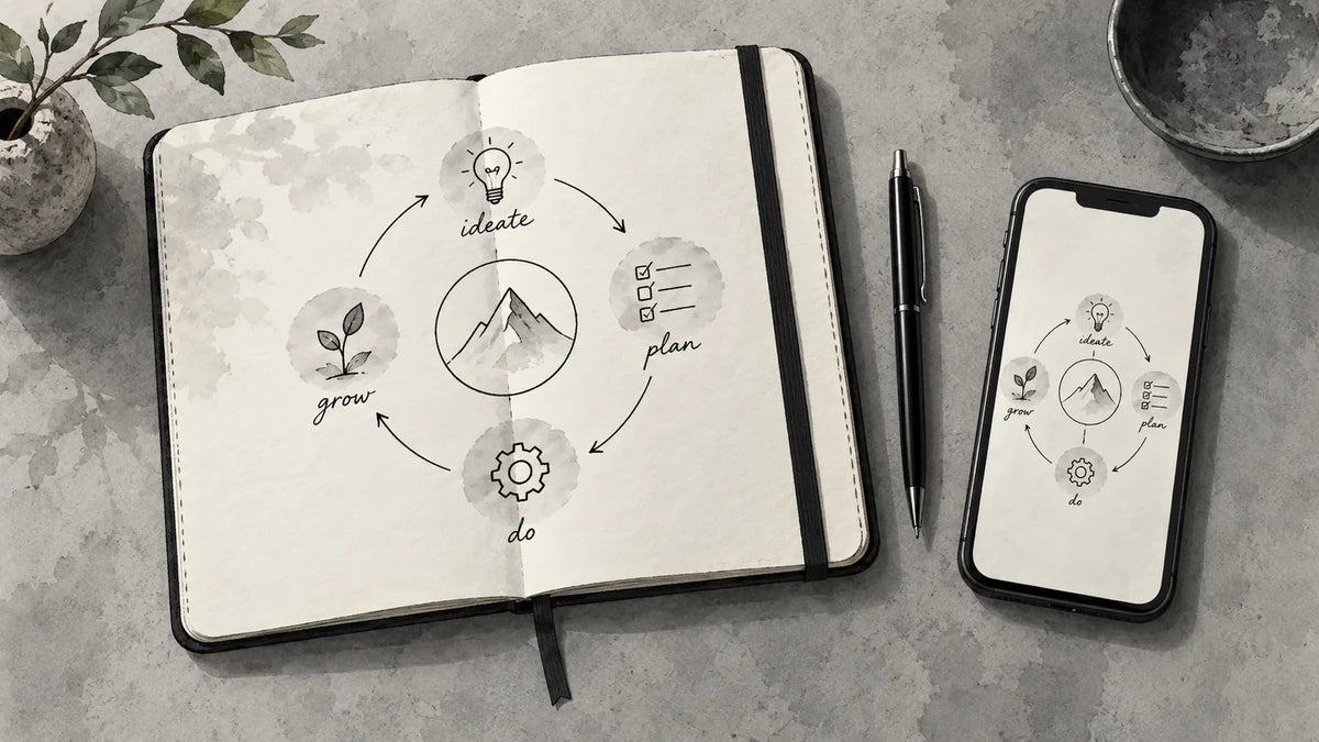 Concept illustration of a smart writing set with a black notebook, pen and digital page.