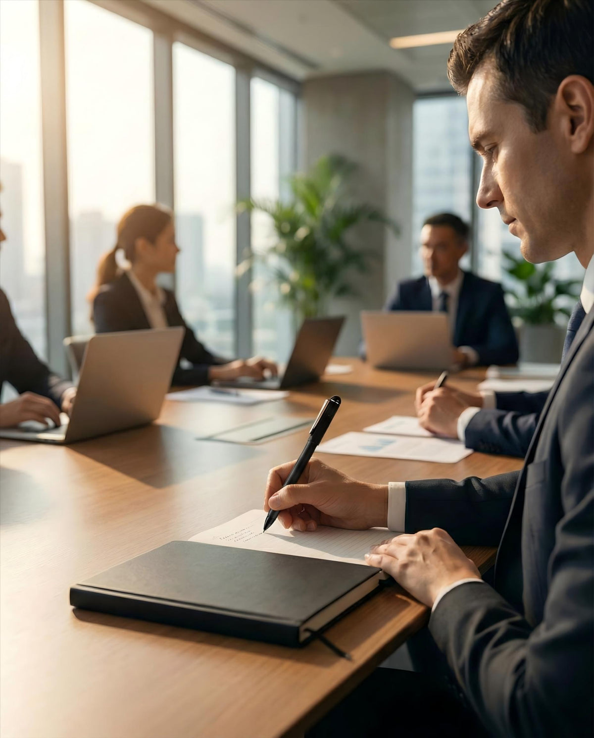 A man in a suit writing in a notebook at a meeting table, with other people seated at the table in the background