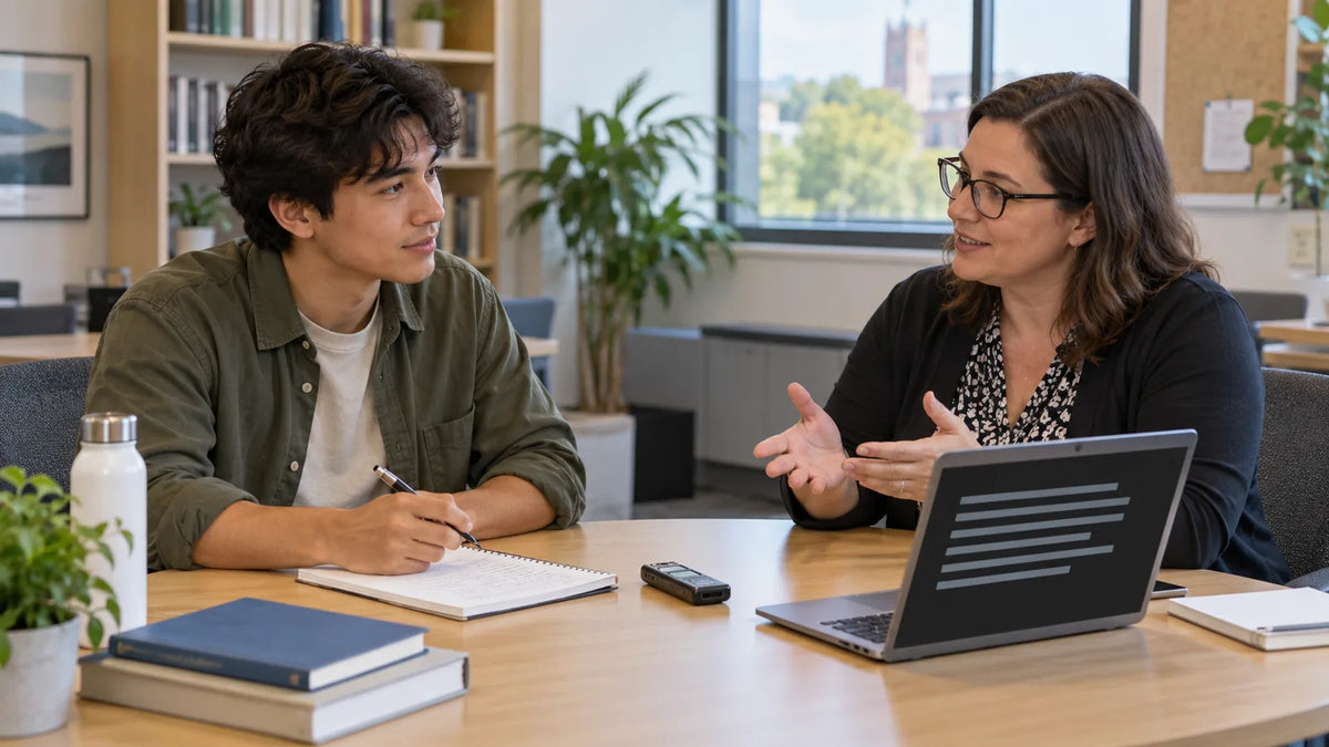 Student and campus adviser discussing note-taking tools and accommodation options.