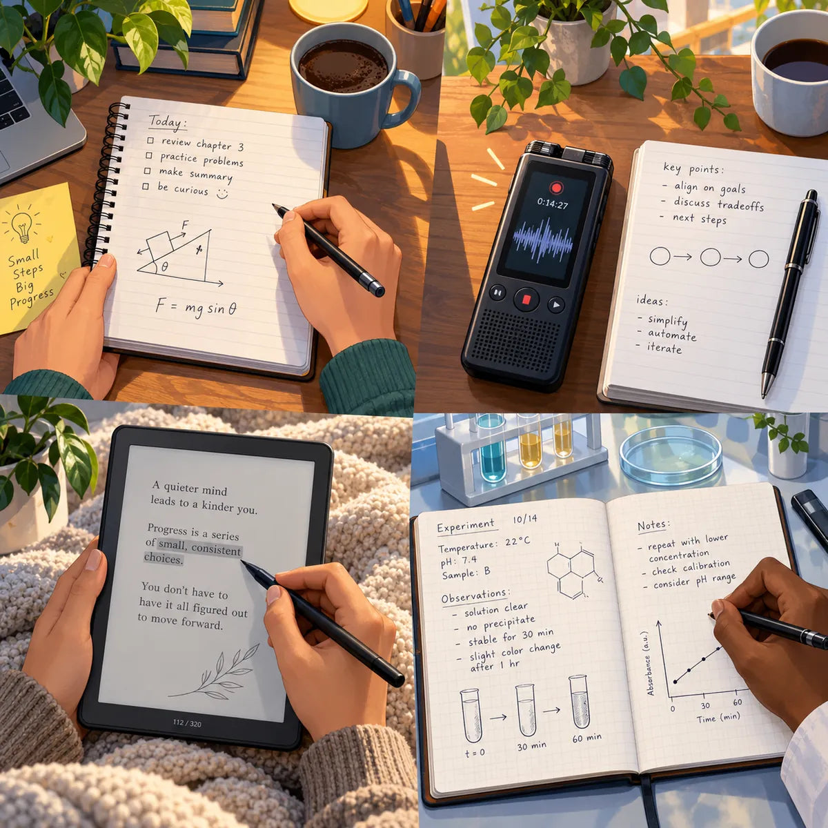 Different devices used for lecture diagrams, meeting audio, PDF reading and field notes.