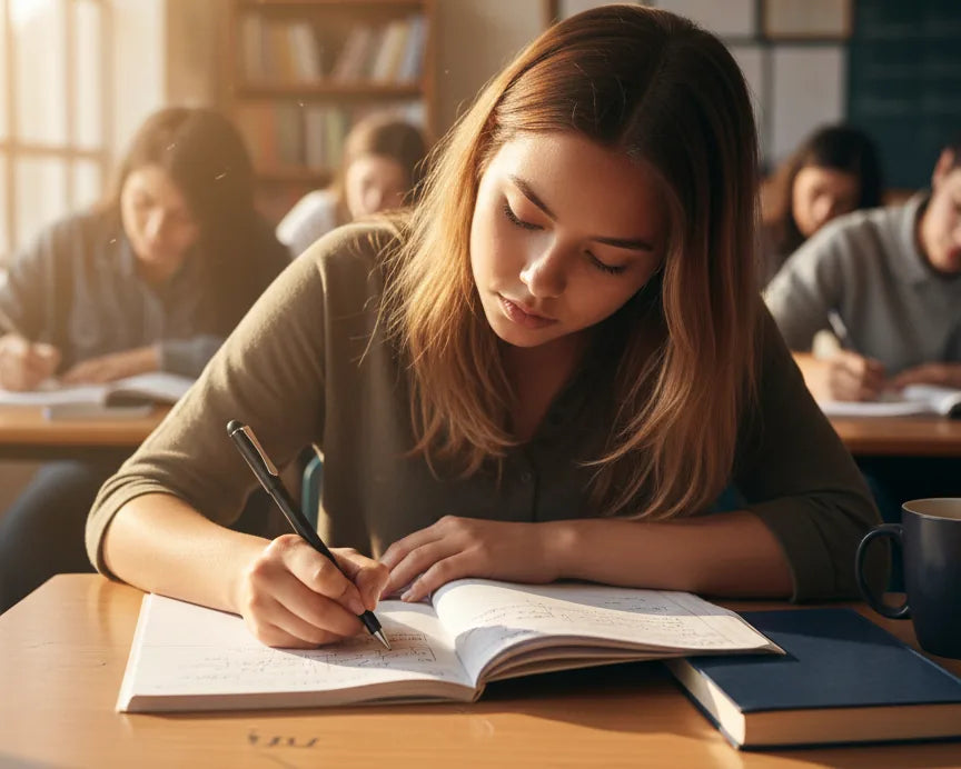 Student writing notes in a notebook at a classroom desk