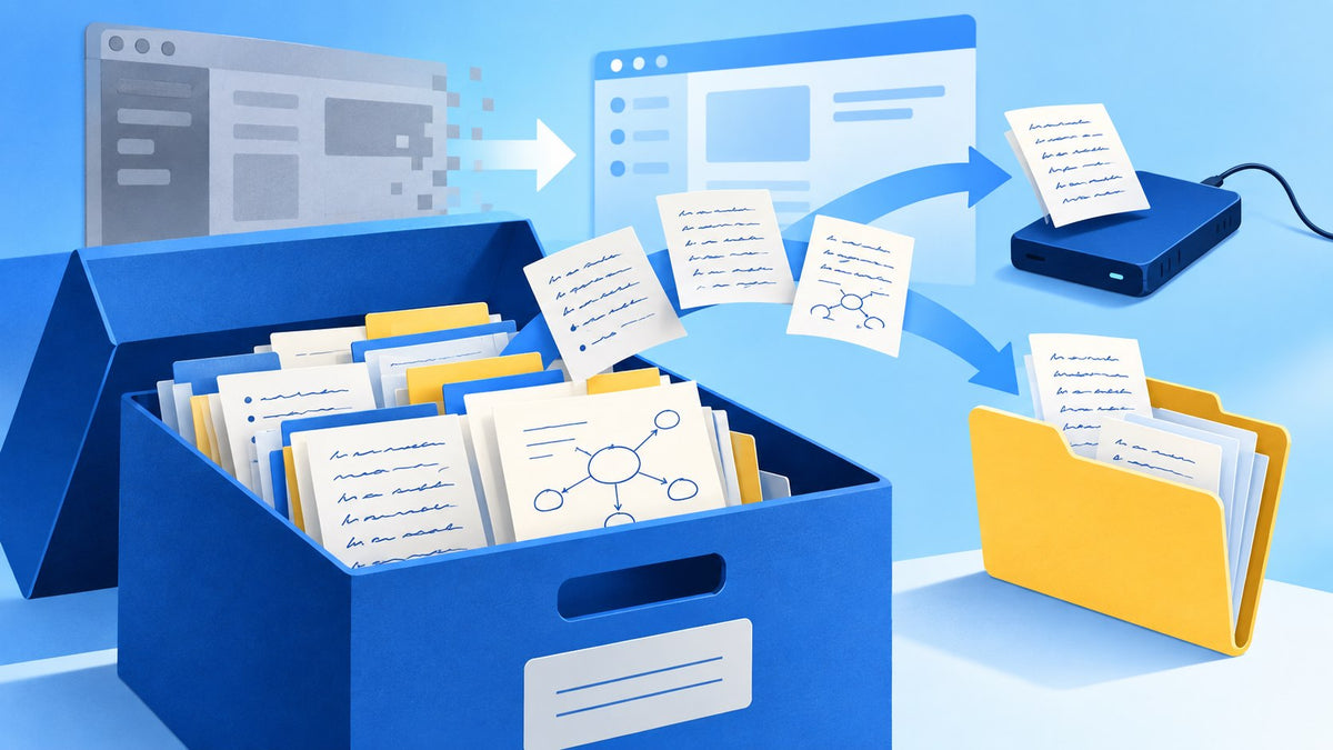 Conceptual illustration of archived notes and separate document copies during a software change.