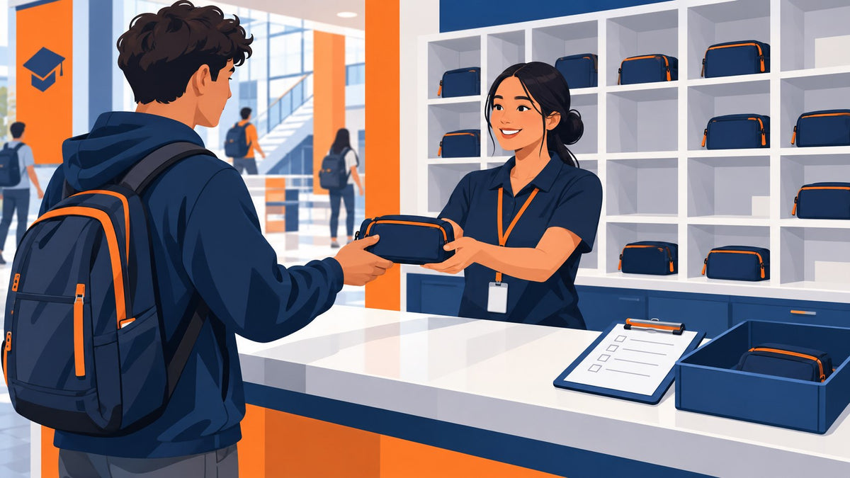 A campus staff member handing a pen kit to a student at an equipment lending counter.