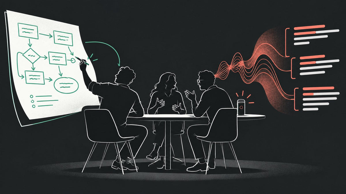 Meeting illustration contrasting a handwritten flowchart with audio waves and transcript lines.