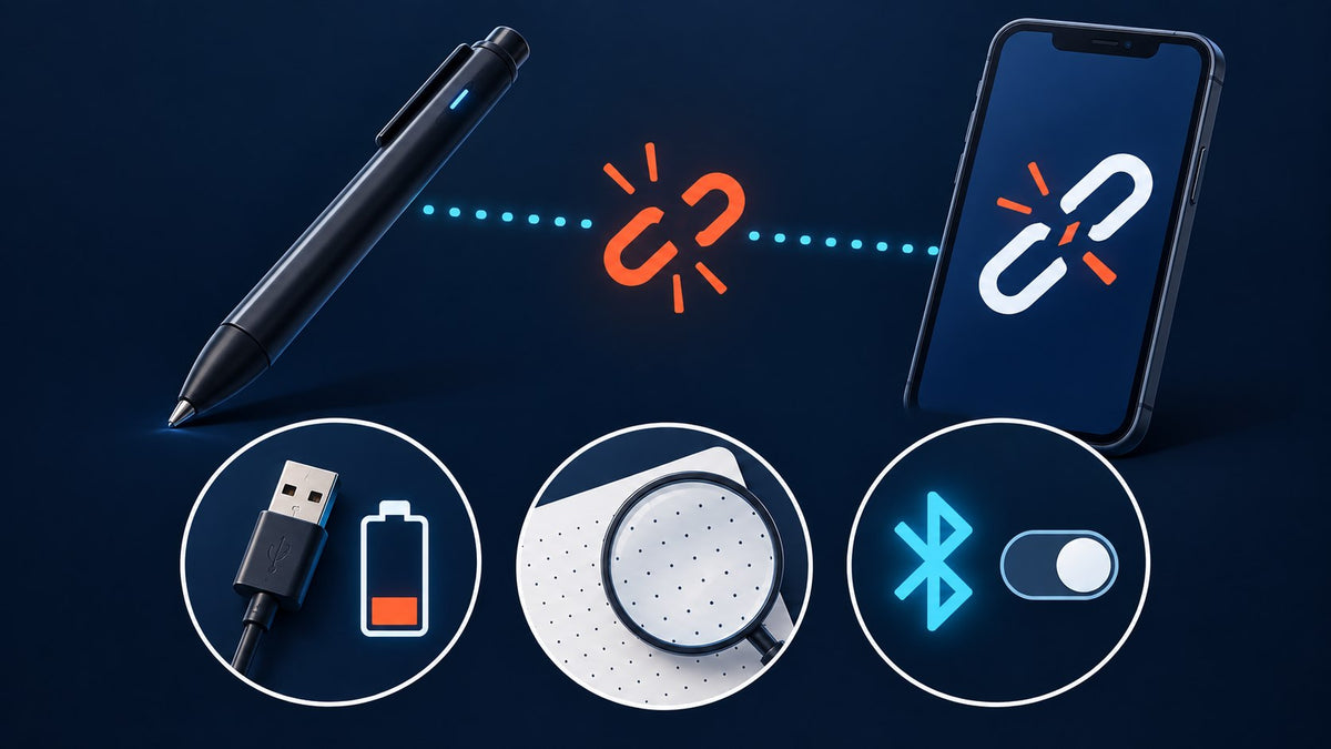 Disconnected pen and phone with diagnostic symbols for charging, dot paper and Bluetooth.