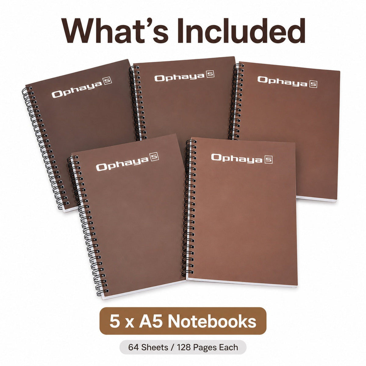 Ophaya A5 smart notebook 5-pack showing the spiral notebooks included
