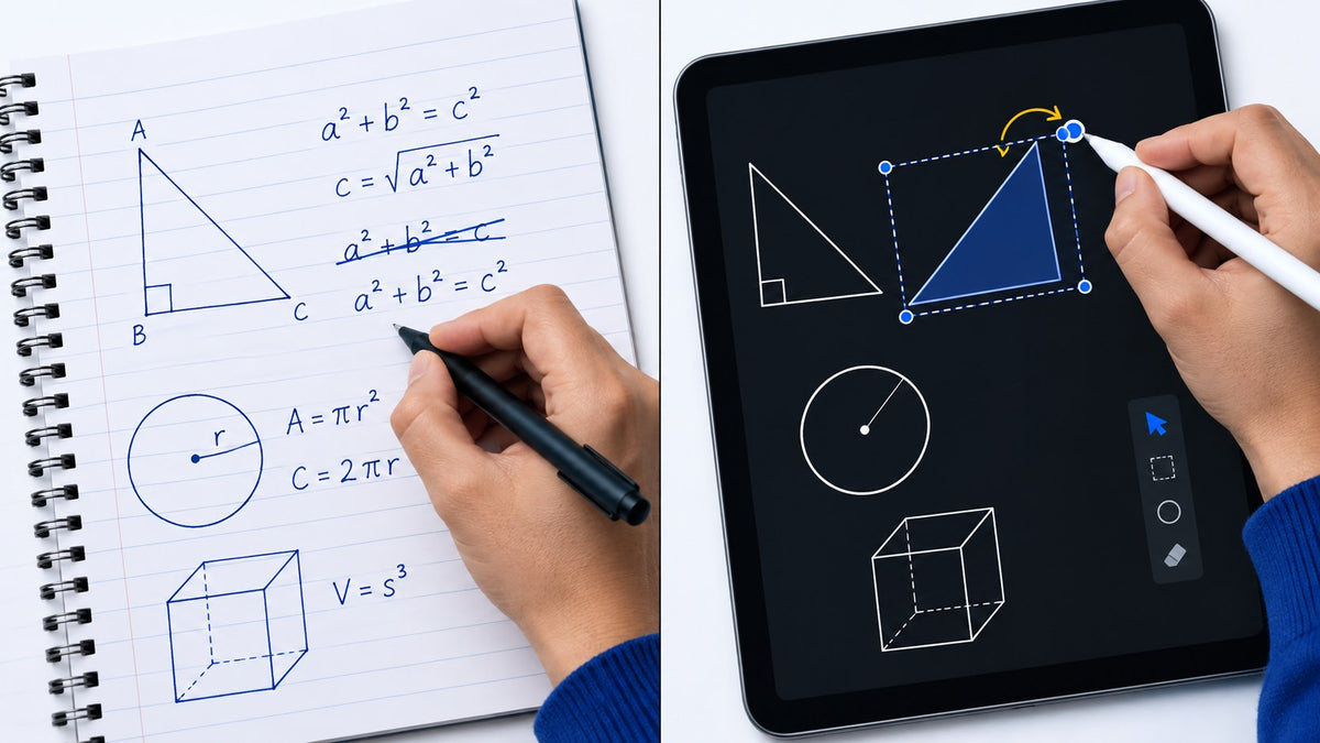 Conceptual comparison of handwriting on paper and editing shapes on a tablet.