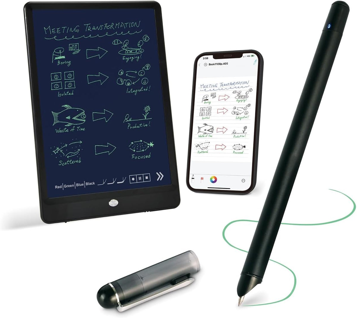 Ophaya smart pen with 10-inch LCD writing tablet set, compared to a Rocketbook reusable notebook