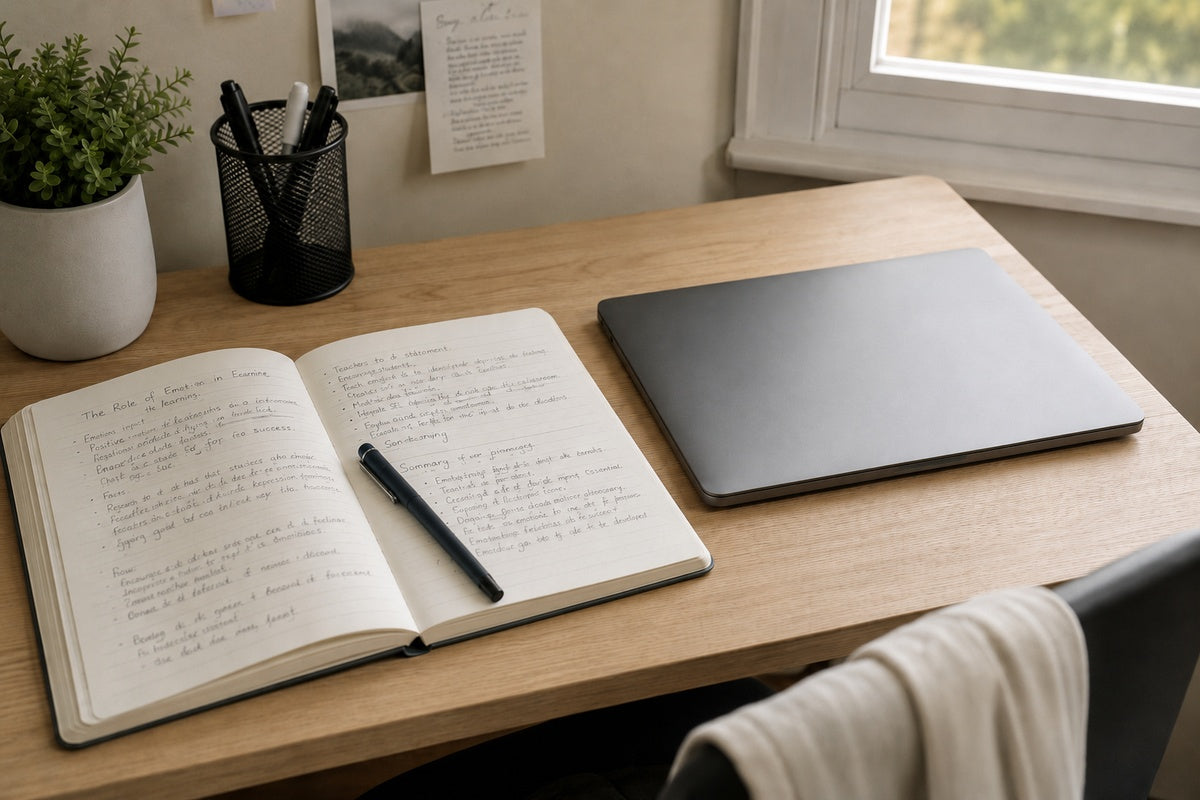 Open notebook and pen on a desk beside a laptop
