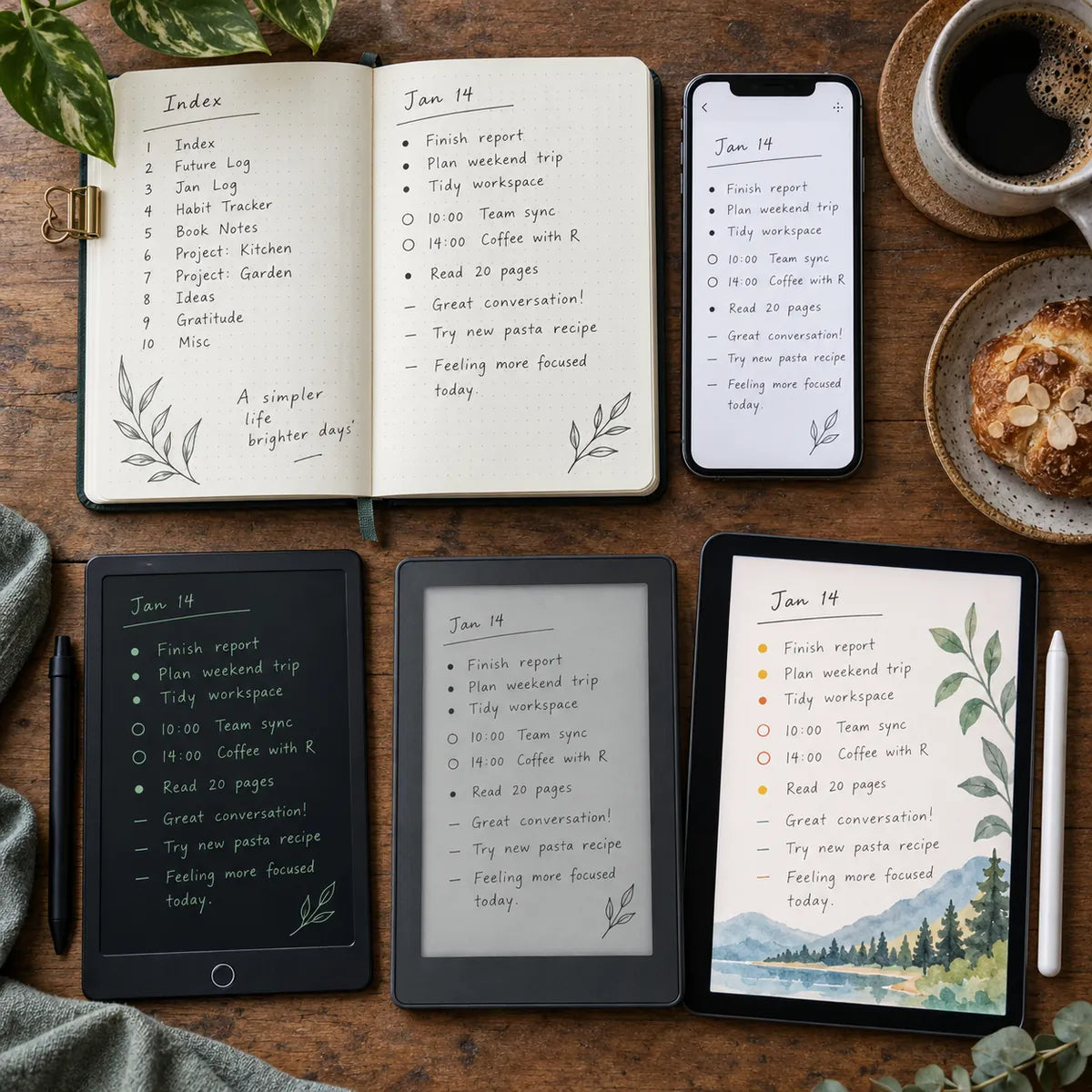 Paper bullet journal with rapid-log symbols and a matching digital page on a phone.
