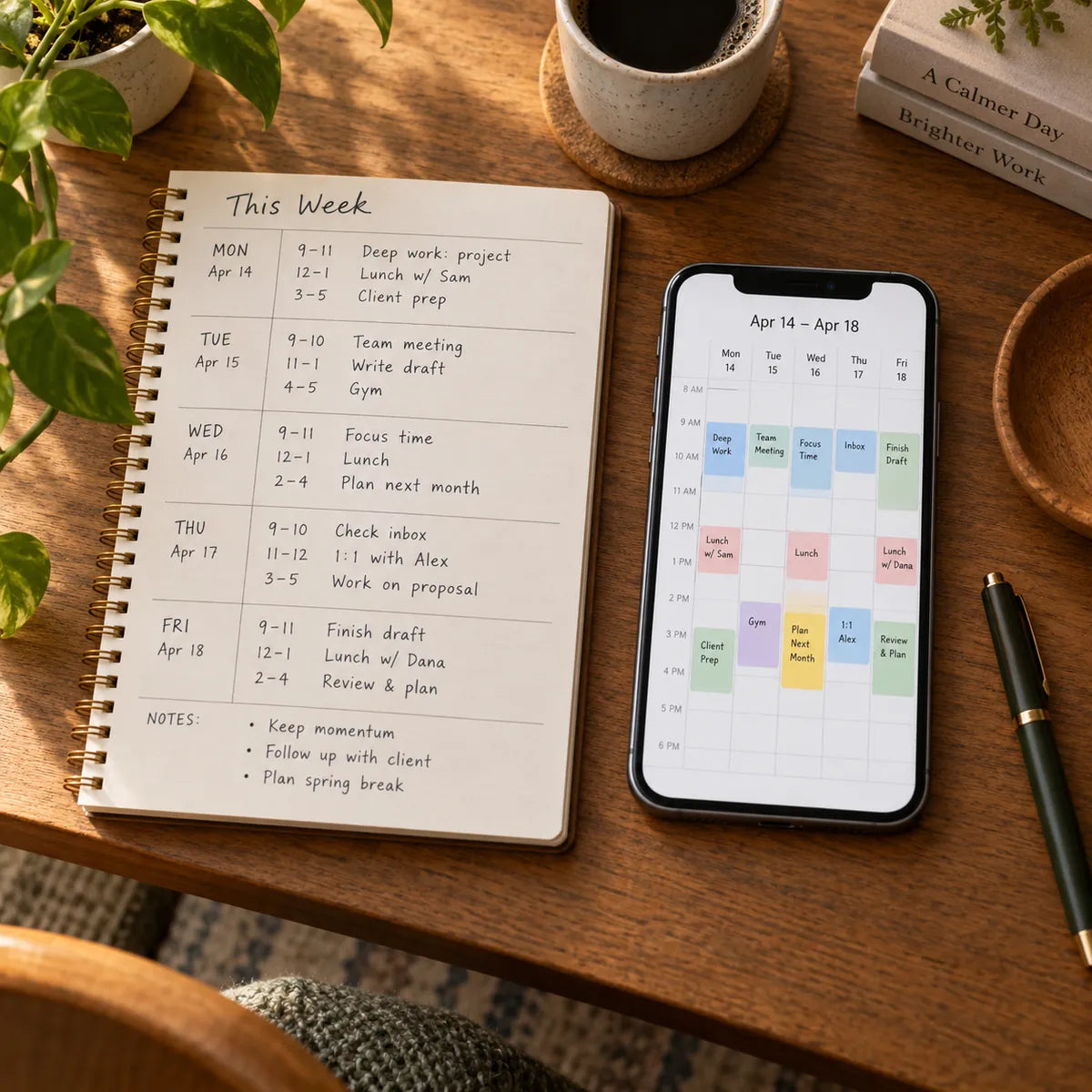 Paper weekly planner beside a phone calendar with scheduled appointments.