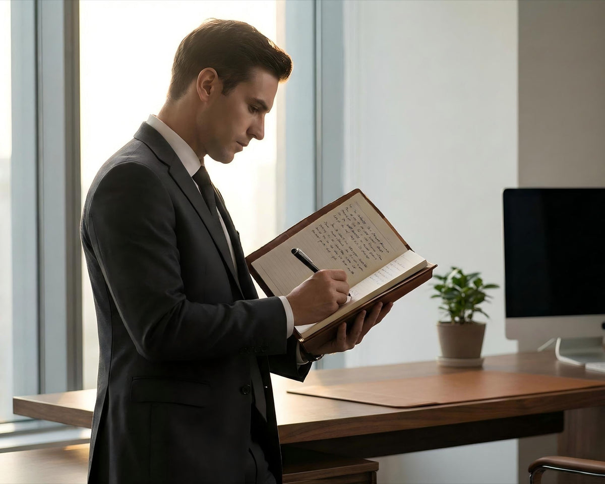 Man in a suit reading handwritten notes in a notebook