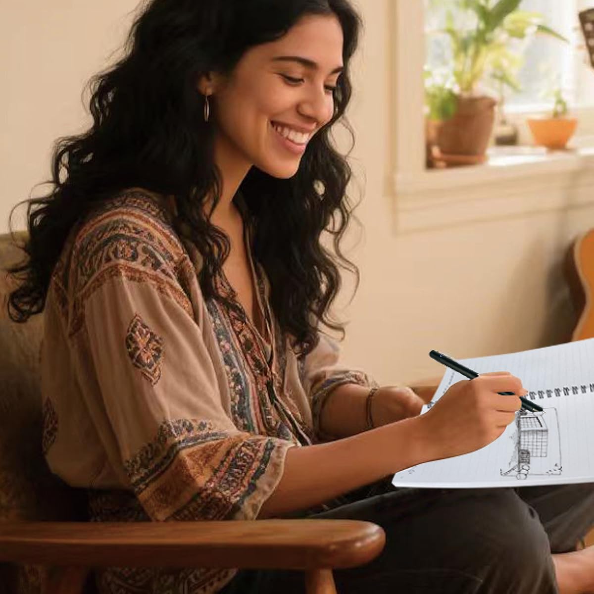 Woman in an armchair at home writing in a spiral notebook with a smart pen