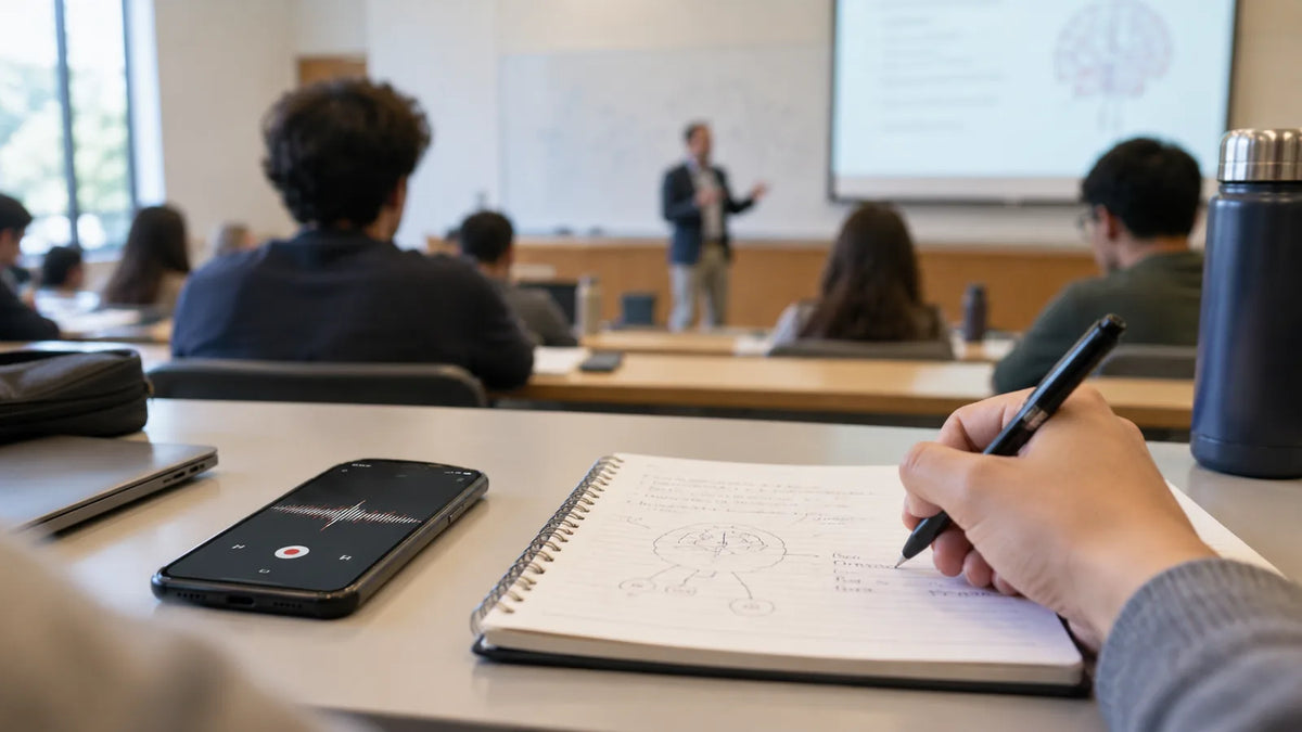 Lecture notebook beside a phone recording audio from the front of a classroom.