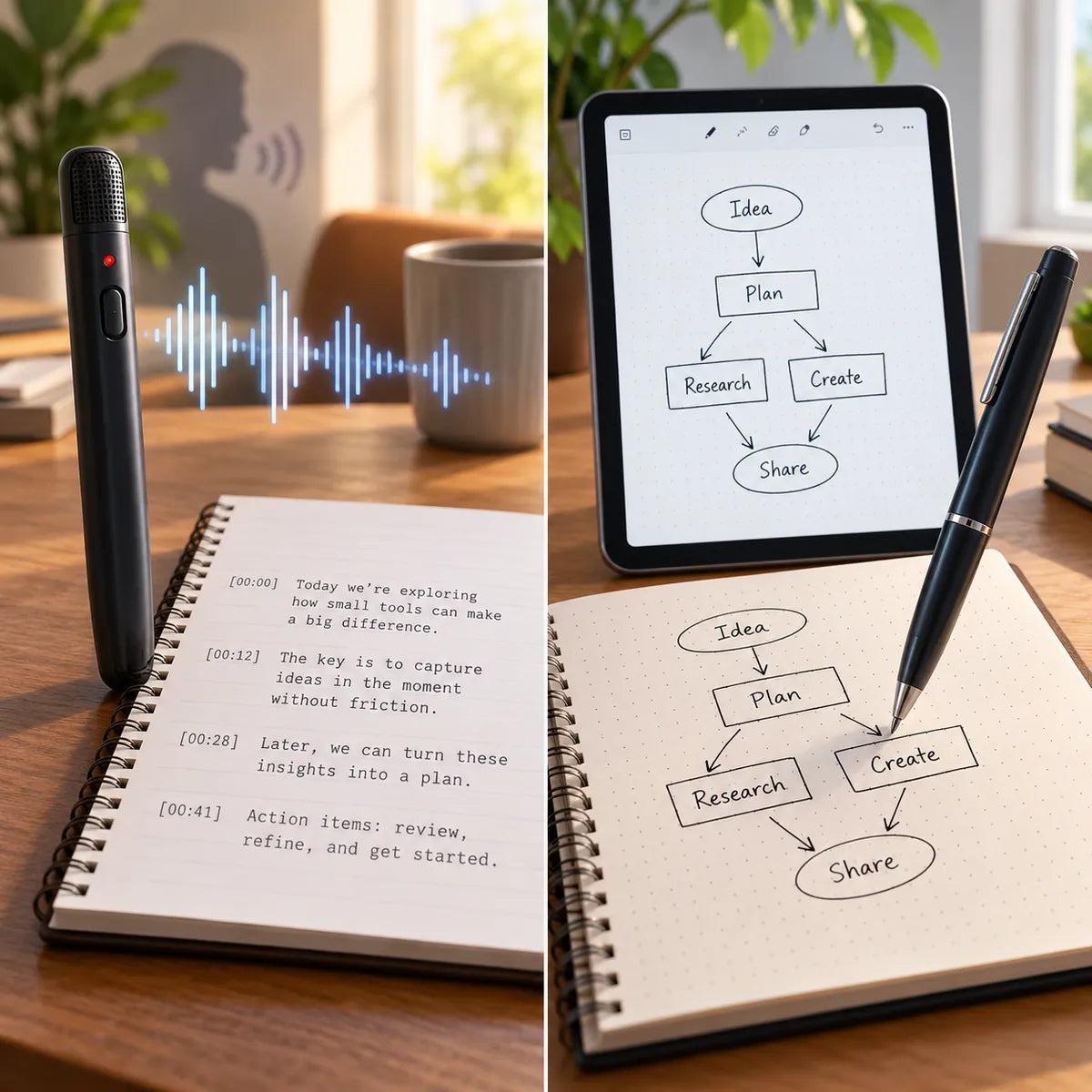 Concept illustration comparing recorded speech with captured handwritten diagrams.