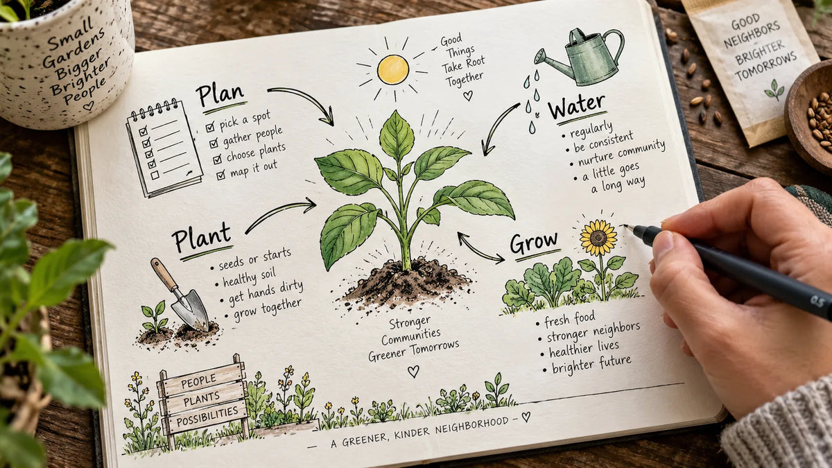 Sketchnote page using drawings, arrows and short labels to organize a garden plan.