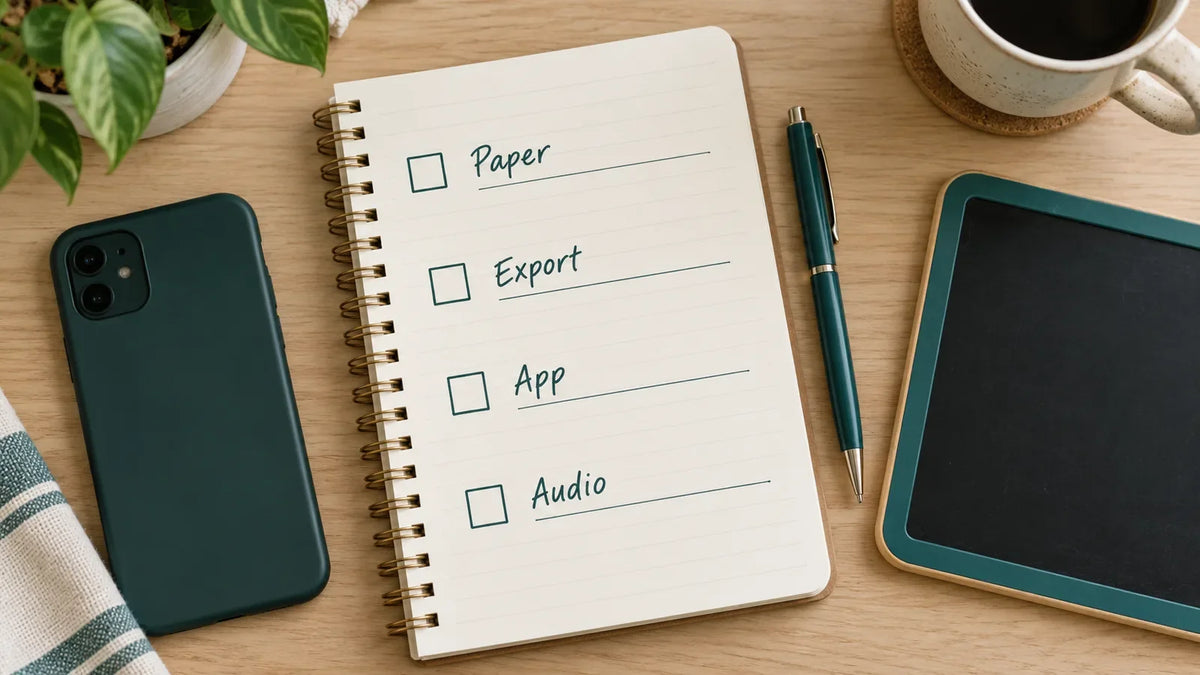 Notebook checklist for comparing paper, export options, app features and audio recording.