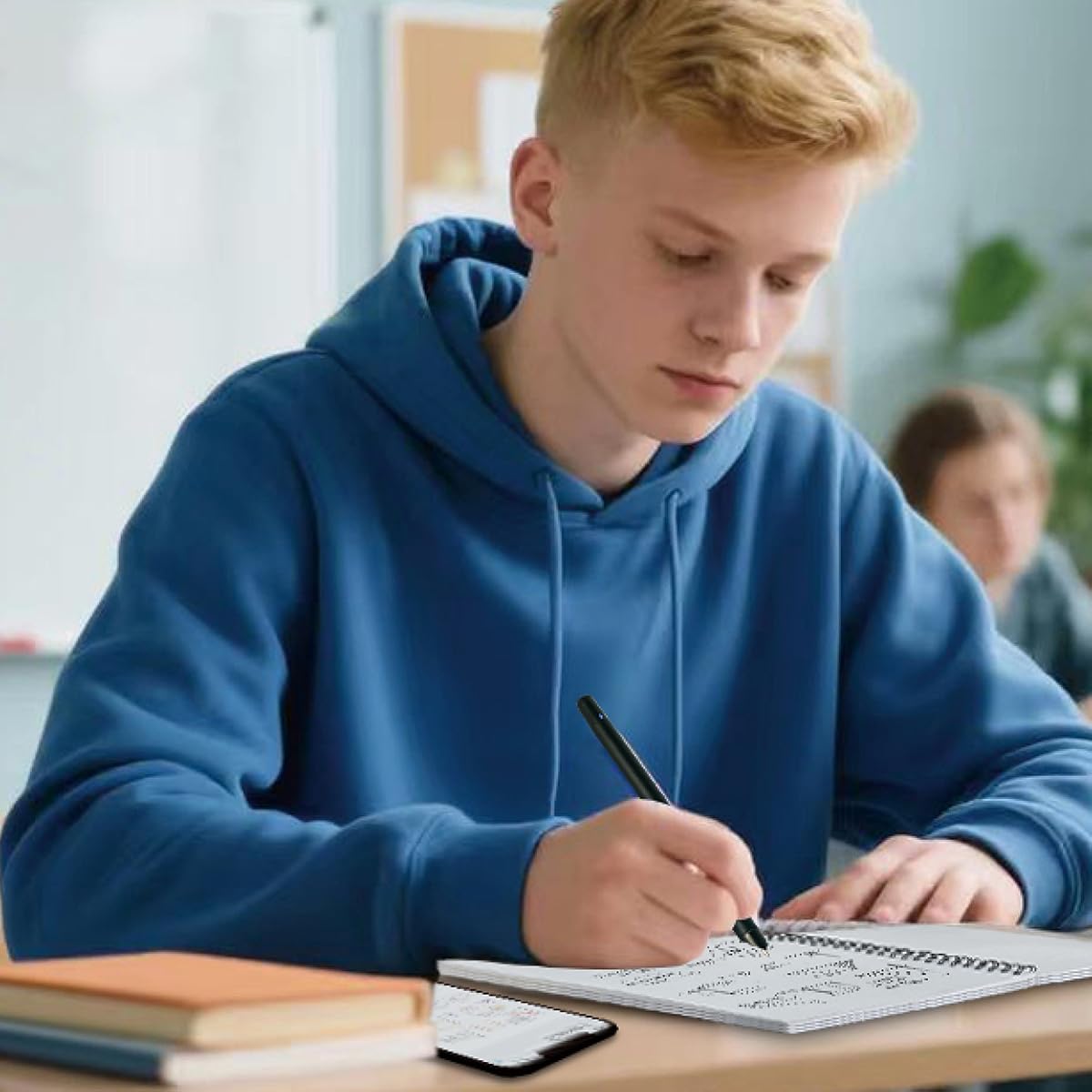 Student at a classroom desk writing notes in a spiral notebook with a smart pen, textbooks and a phone beside him