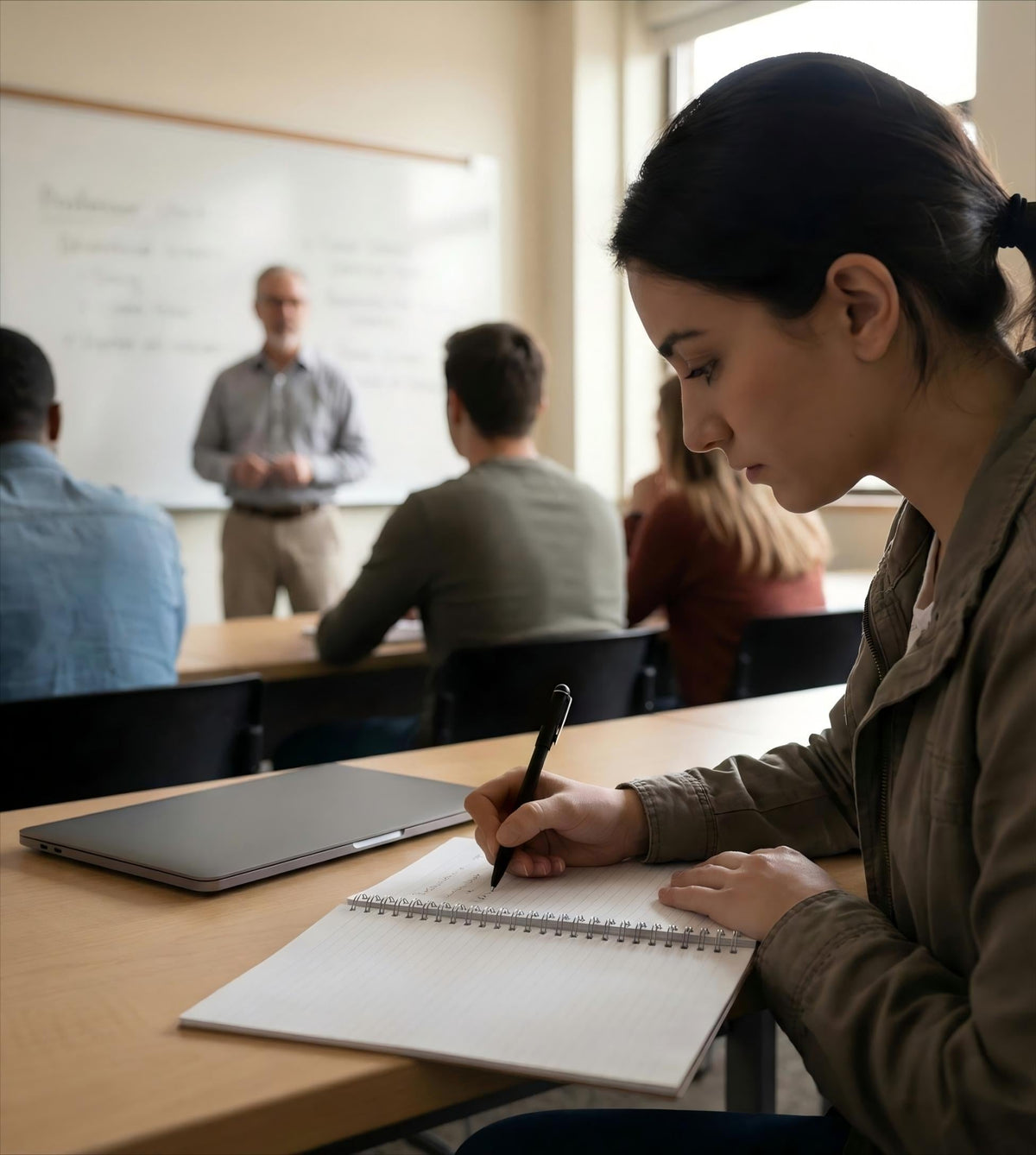 Student taking handwritten notes during a lecture