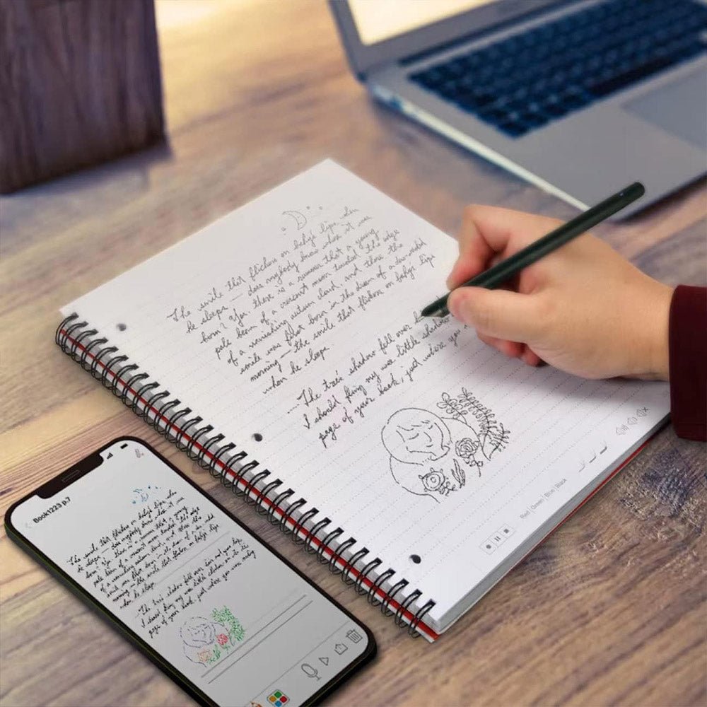 Handwritten notes on paper appearing digitally on a phone, showing the advantages of a smart pen