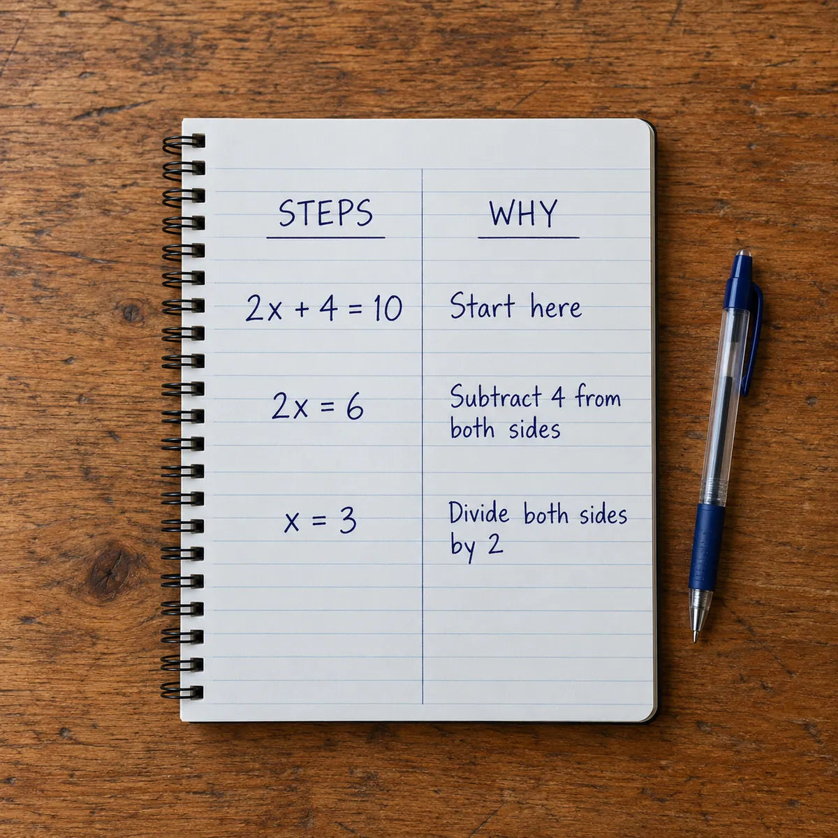 Two-column math notes pairing algebra steps with the reason for each step.