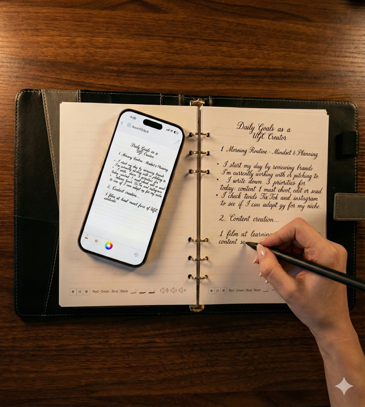 Hand writing in a ring-bound notebook with a phone lying on the page