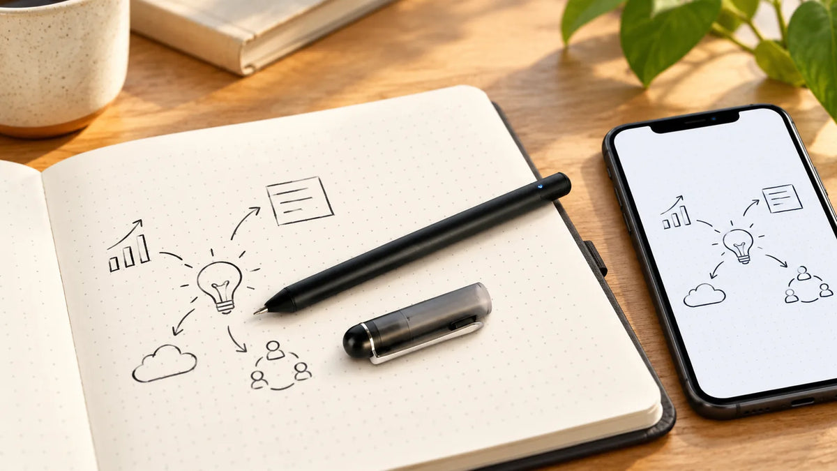 Concept illustration of handwriting on dot paper becoming a digital copy on a phone.