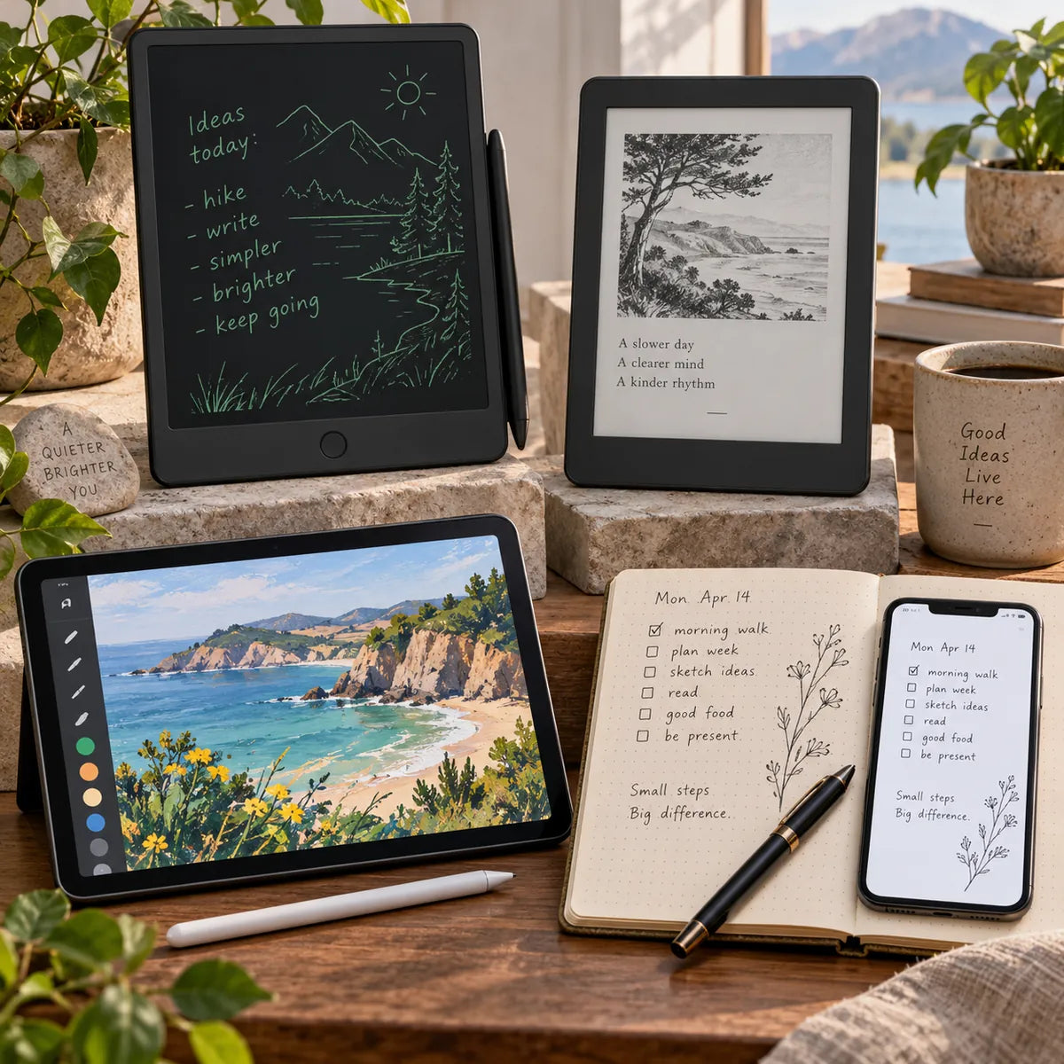 LCD slate, e-ink tablet, color tablet and paper notebook with their writing tools.